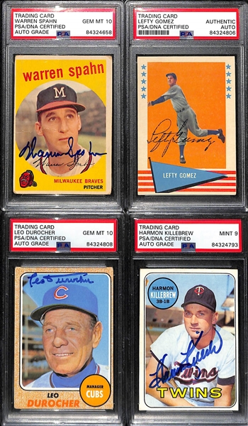 (4) Signed Vintage HOFer Baseball Cards - 1959 Spahn, 1961 Fleer Lefty Gomez, 1968 Durocher, 1969 Killebrew (PSA/DNA Encased w. 2 Gem Mint Auto Grades)